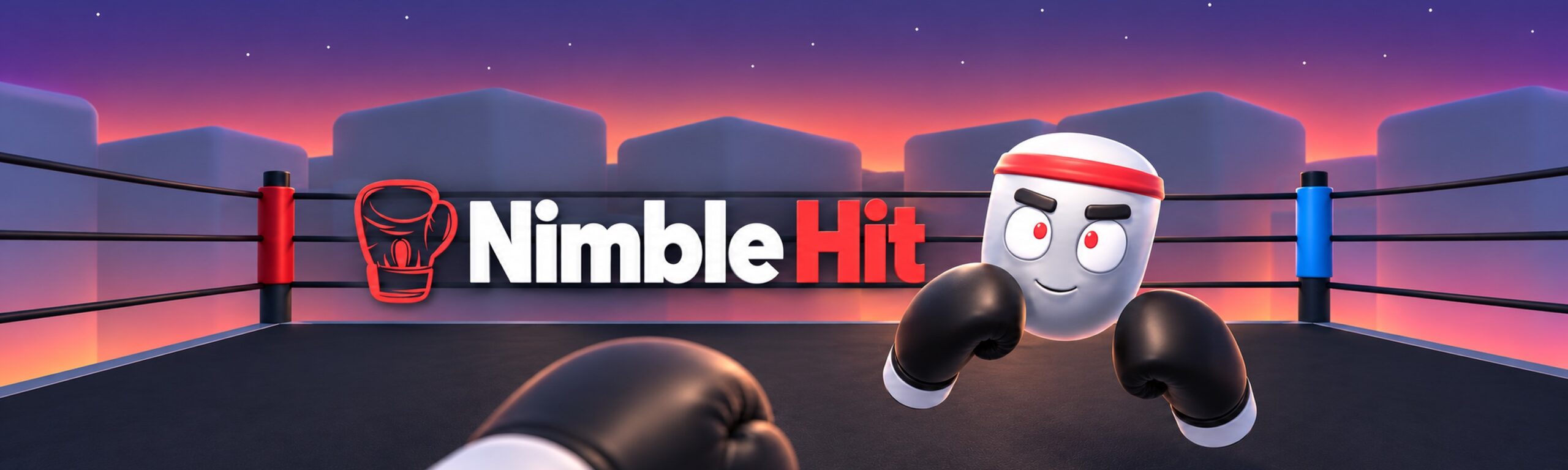 Nimble Hit: the coach in her headband and gloves in an open boxing ring at dusk