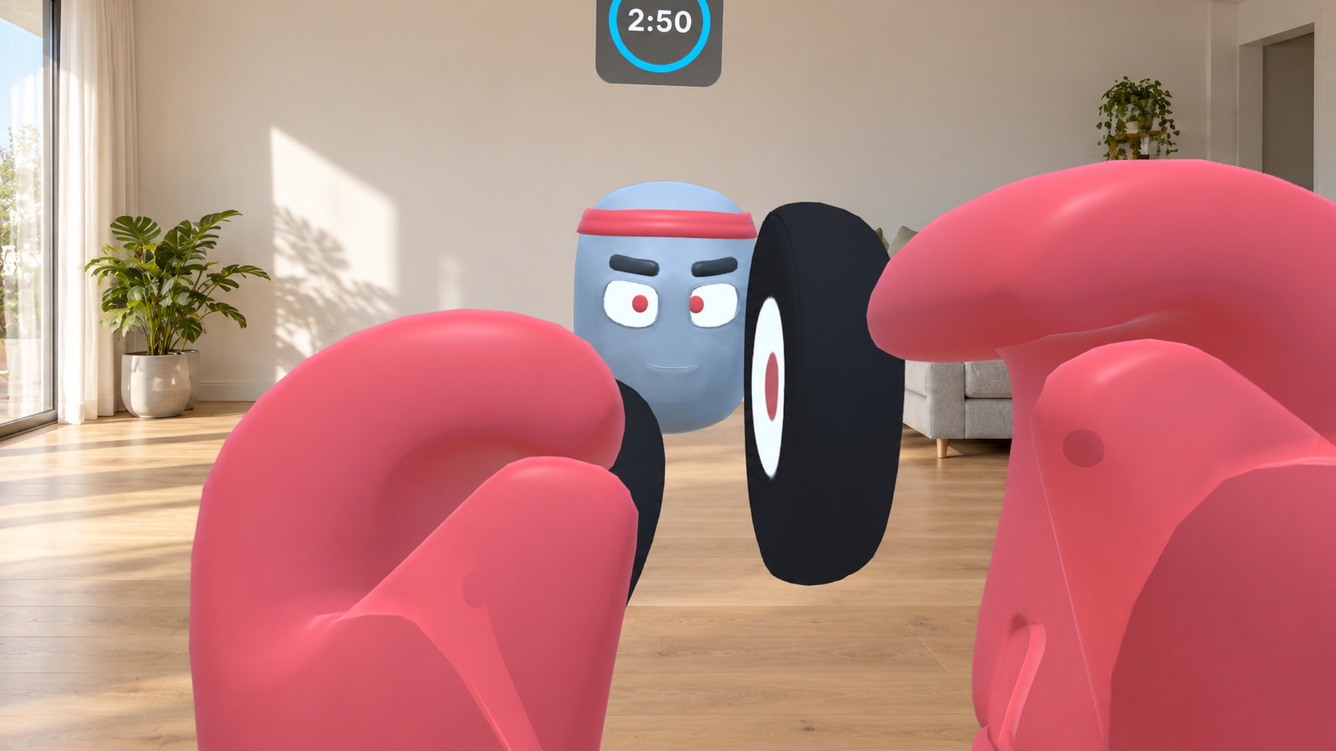 Illustration of mixed reality: the coach holding up pads in a living room, seen through the player's gloves