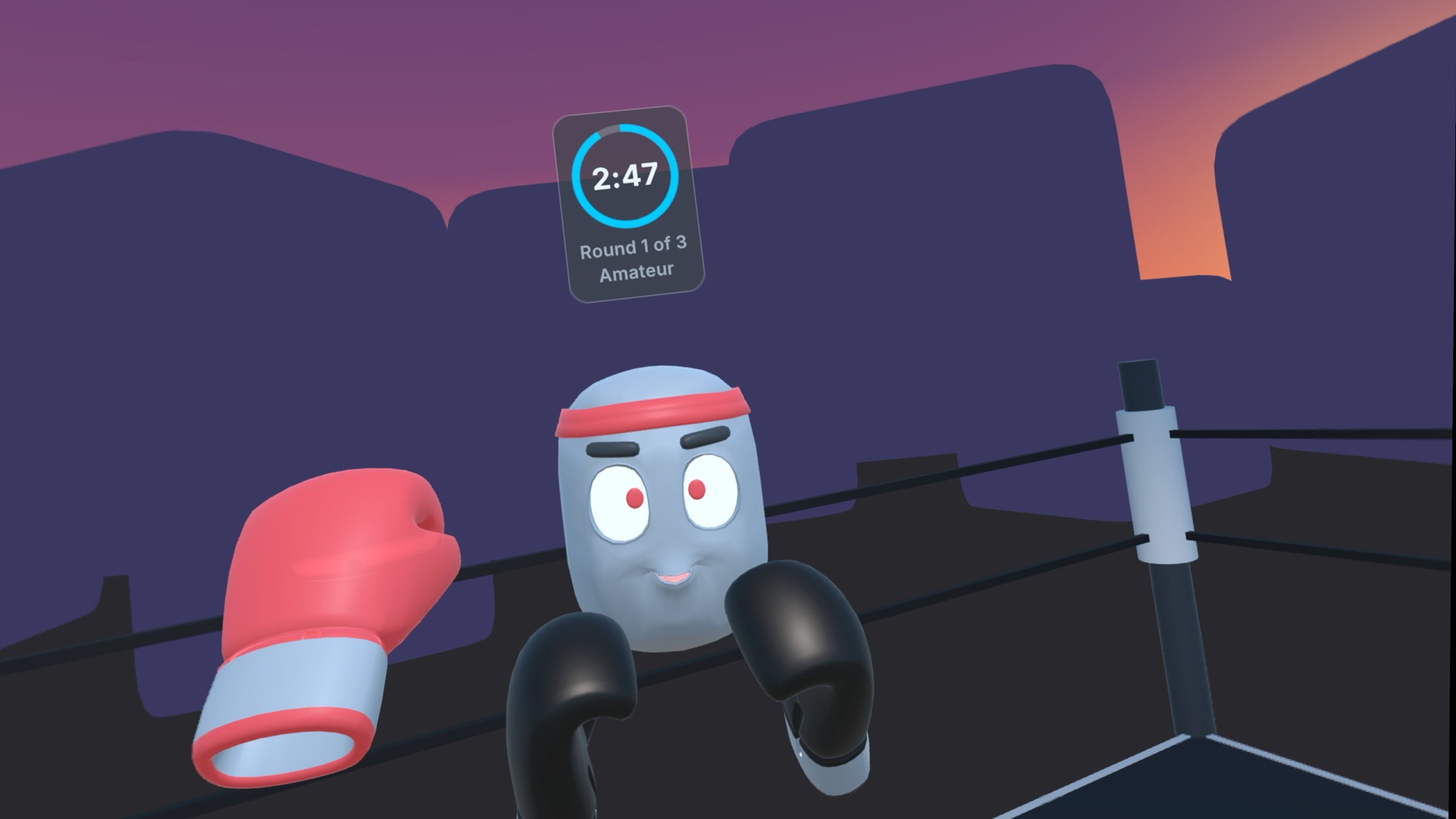 The open boxing ring at dusk in virtual reality, with the coach in guard